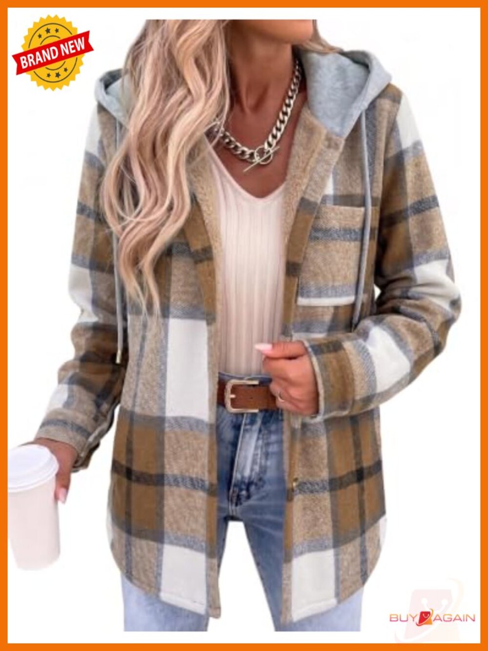 Plaid Fleece Hooded Shacket Button Down Winter Coat Warm Jacket